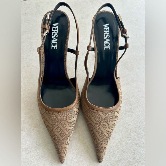 Versace Allover Logo Canvas Slingback Pumps In Brown Size 41 - Picture 12 of 13